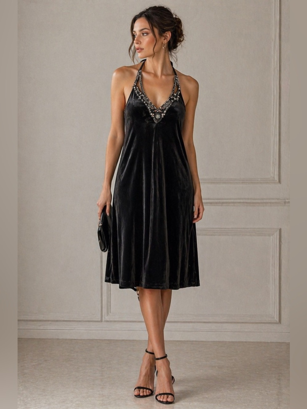 Bailey 44 Velvet Halter Dress Dark Asphalt Gray Size M Open Back Beaded